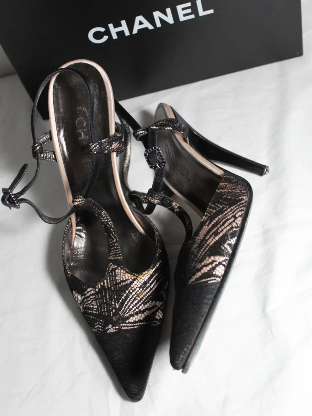 Chanel Black Lace Overlay Satin T-Strap Heels Pointed Toe Pumps 42
